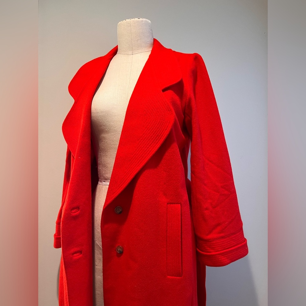 THE GREAT. Trapunto long wool hot red trench coat tie waist sz 0 XS S - Picture 9 of 13